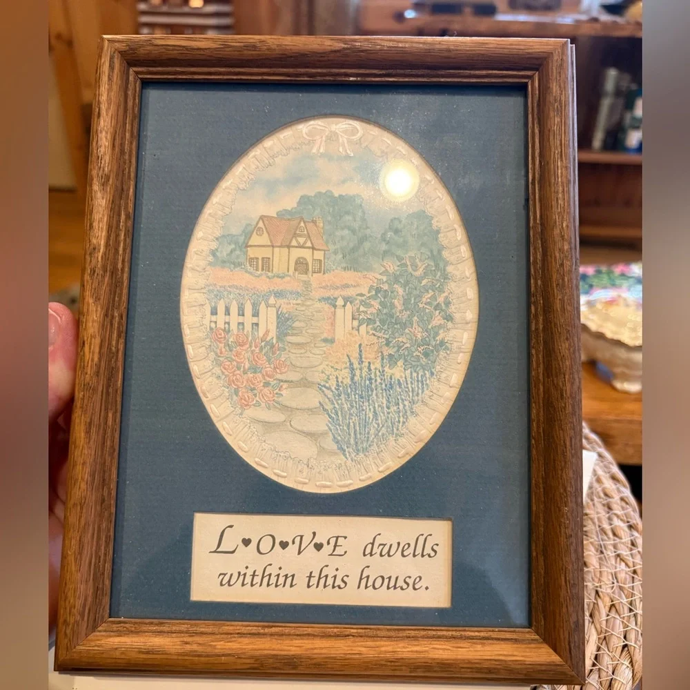 Vintage Cottage Print Framed Embossed Art “Love dwells within this house”